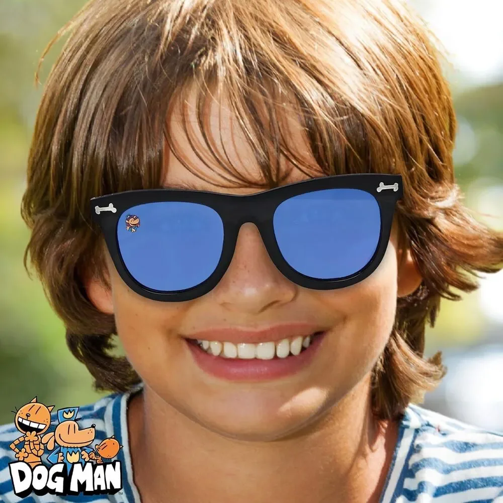 Dog Man Boys Black Horn Rimmed Sunglasses Blue Mirrored Lenses Kids